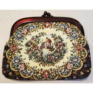 Vintage tapestry petit point needlepoint snap clutch purse bakelite handle